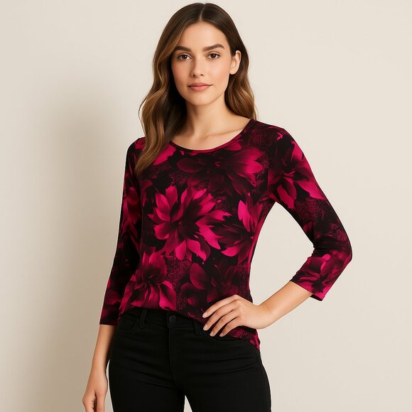Tanjay Fuchsia and Black Floral Print Top – Size Medium - Picture 1 of 9